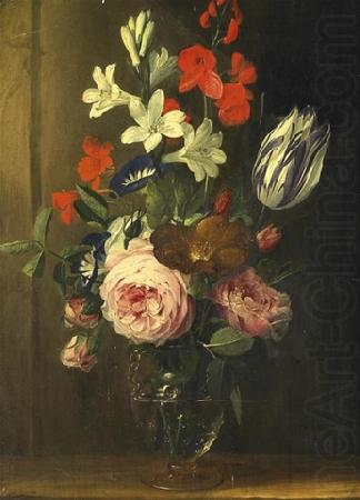 Flower still life in a glass vase, Jan van den Hecke